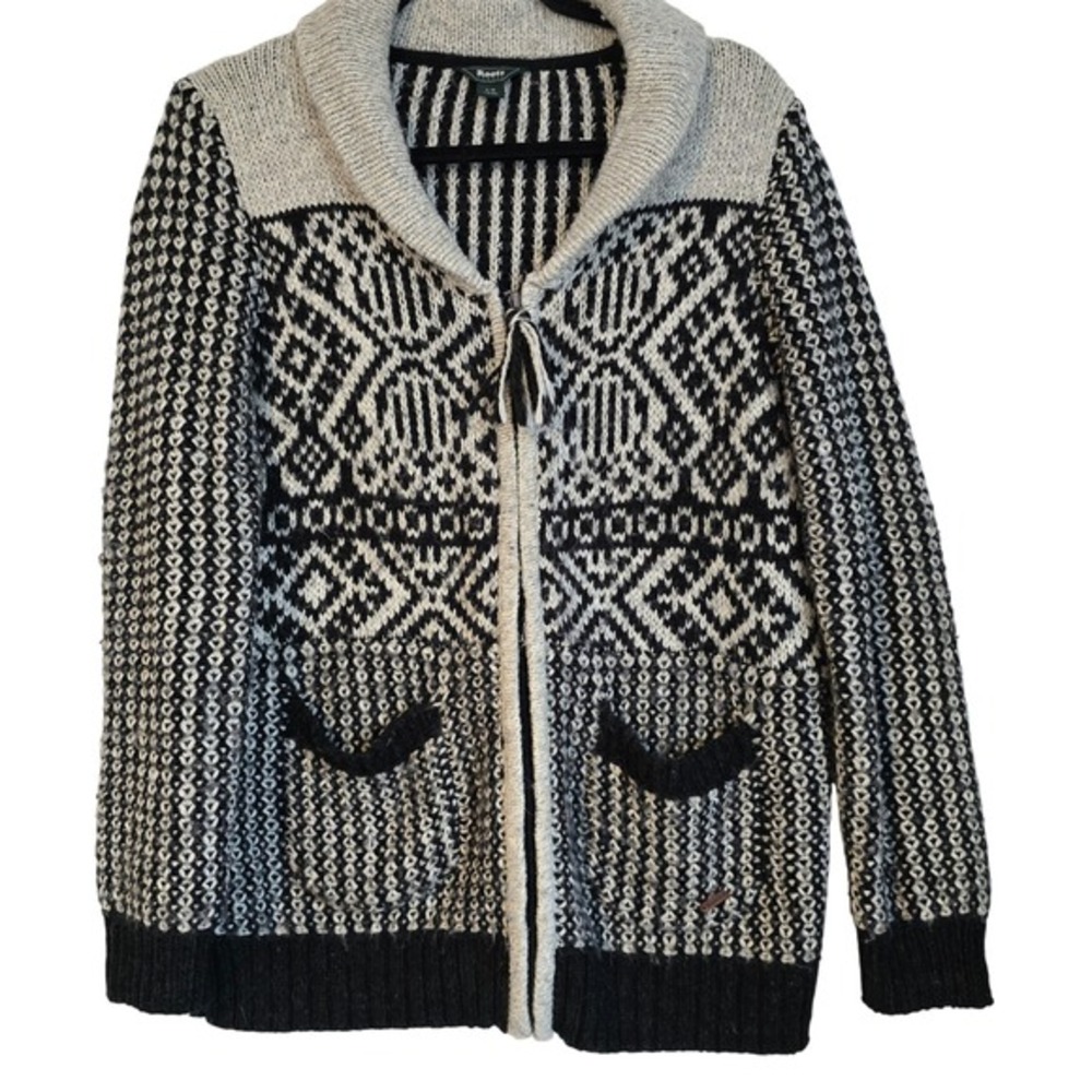 Roots Canada Fair Isle‎ Shawl Collar Zip Up Cardigan Sweater L G Black White
